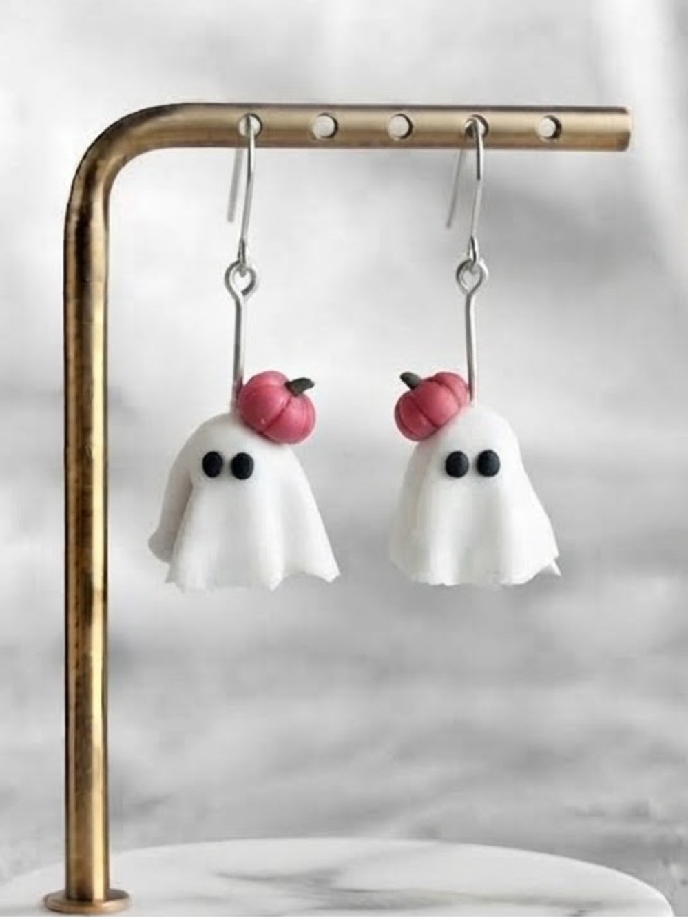 Pumpkin Ghost Dangles — Halloween — Handmade Earrings — White & Pink